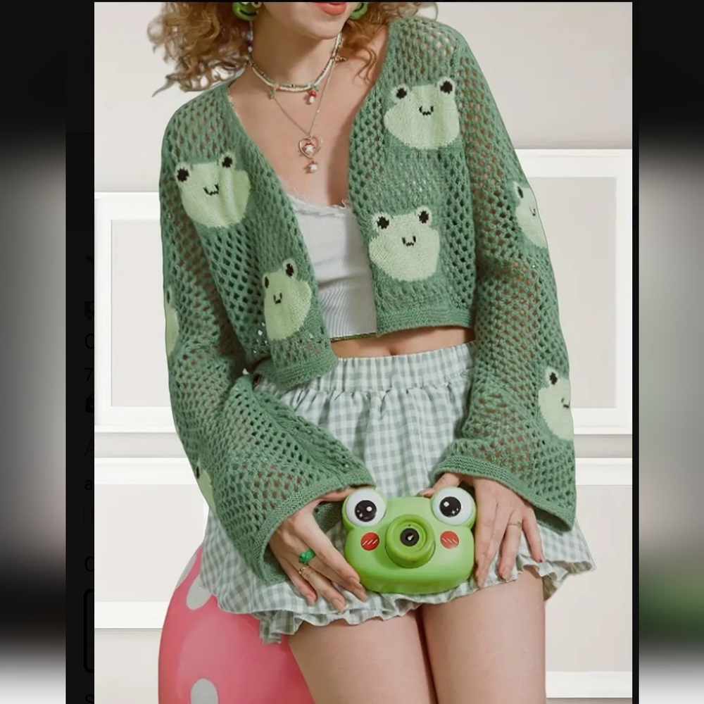 Army Green Frog Mesh Knit Open Crop Cardigan Sweater, Army Green  L